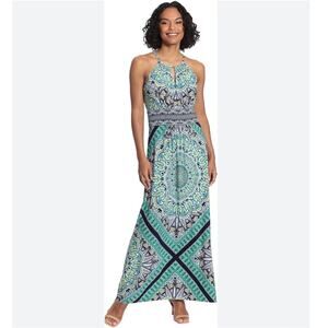 LONDON TIMES Morris Maxi Halter Dress NWT Blue Green Paisley Print sz 12 Boho